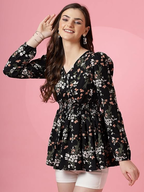 Women's Crepe Puff Sleeves Peplum Top
