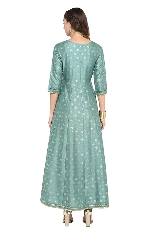 Sea Green & Gold Foil Print Flared Kurti
