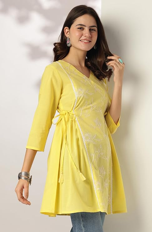 Women's Yellow Pure Cotton Embroidered A-line Tunic
