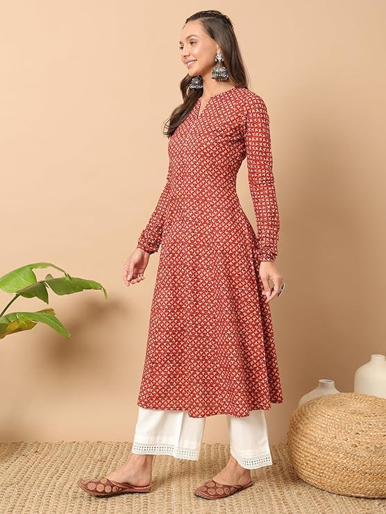Cotton Regular Fit Floral Printed A-Line Kurta