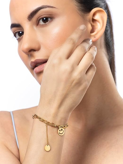 Stainless Steel Smiley Charm Adjustable Bracelet Jewellery