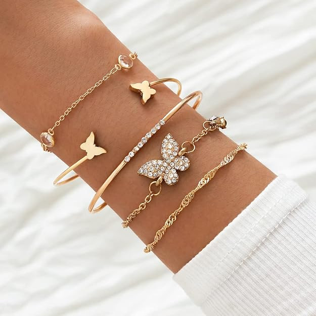 Set of 5 Stylish Multilayer Crystal Bangle Gold Plated Bracelet