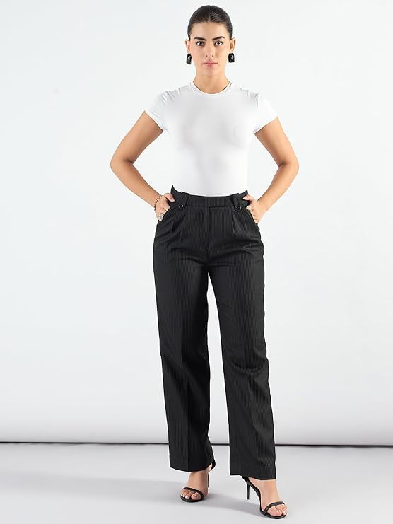 Women's Striped High Waist Relaxed Fit Pleated Trouser