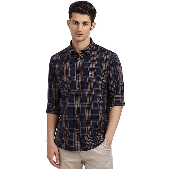 Checkered Full Sleeve Slim Fit Point Collar Cotton Casual Shirt Dark Blue
