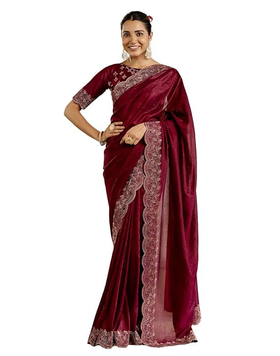 Crush Stone Work And Scalloped Border Saree