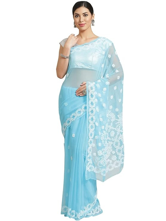 Faux Georgette Hand Embroidered Lucknowi Chikankari Georgette Saree