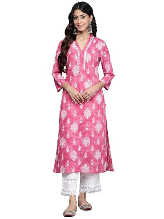 Women Pink V-Neck Collared Kurta with 3/4th Sleeves, White Prints & Lace Detailing Around Neck