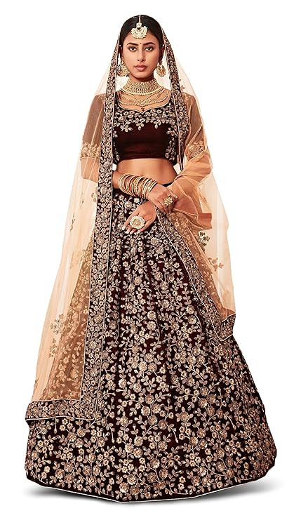 Women Maroon Embroidered Velvet Semi-Stitched Lehenga Choli