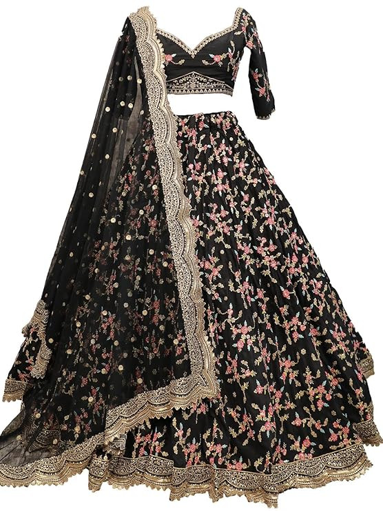 Women Black Floral Sassy Semi Stitched Lehenga With Unstitched Blouse