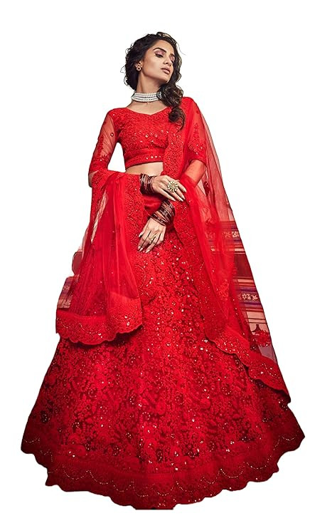 Women's Net Semi Stitched Lehenga Choli with Dupatta | Traditional, Wedding, Ethnic Wear Lehenga | Dori and Sequin Embroidery Pattern (Red)