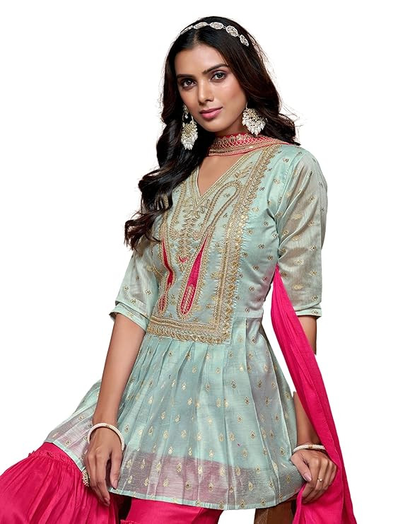 Womens Chanderi Silk Embroidered A-Line Kurta With Sharara & Dupatta