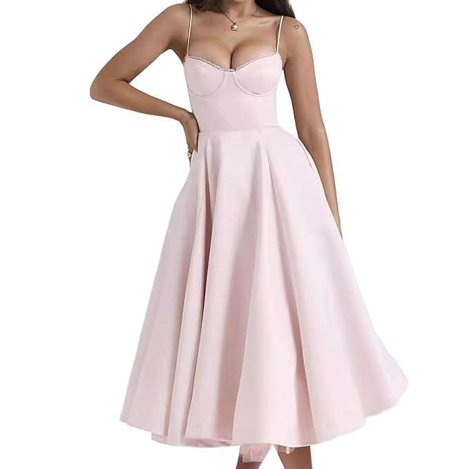 Prom Dress Women Summer Spaghetti Straps Party Gown for Wedding Dating Bride L Pink