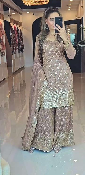 Women's Chinnon Silk Embroidery & Mirror Work Straight Kurti with Sharara & Dupatta Set