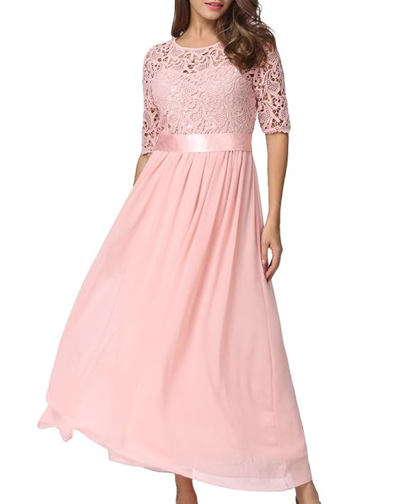 Women Dress Lace Chiffon Half Sleeve Slim Maxi Long Gown Elegant Princess Evening Party One-Piece