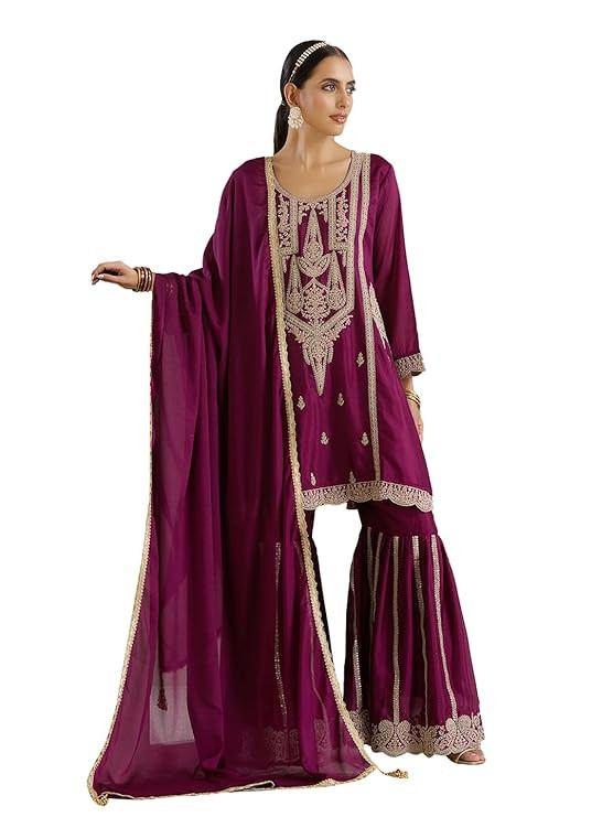 Gold zari embroidered short kurta with embroidered sharara and dupatta