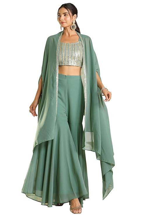 Women Yellow Georgette Top & Sharara Set with Cape with Sequined Print Outfit for Women