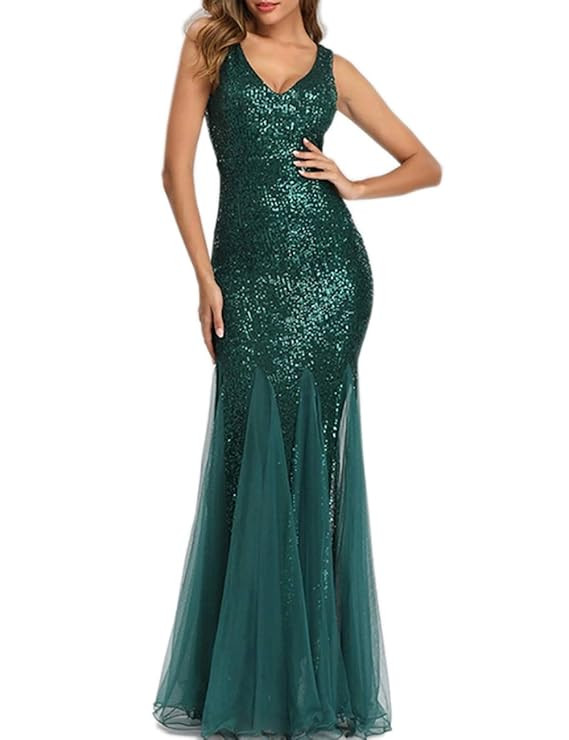 Womens Party Dress Sequins Tulle Sexy V-Neck Long Dress Sleeveless Formal Evening Prom Gowns