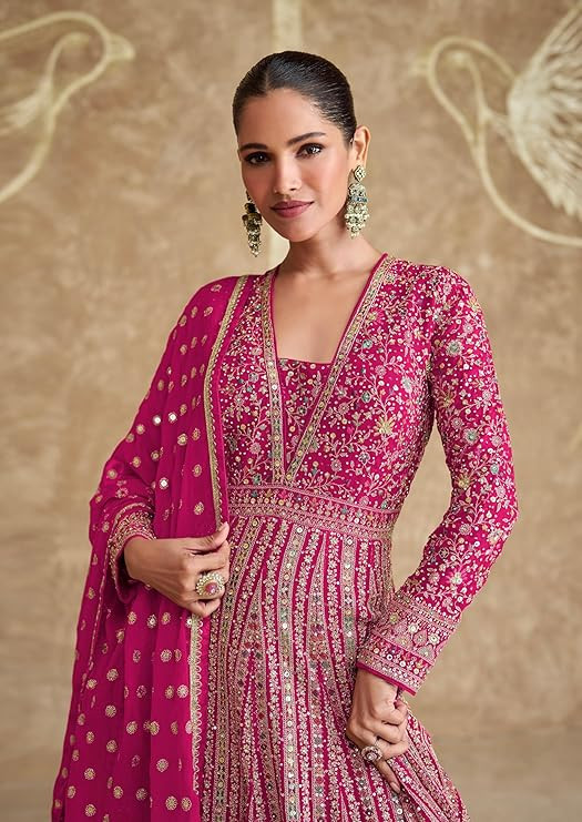 Women's Pink Chinon Stitched Gown with Dupatta Full Sleeve Embroidered Anarkali Gown