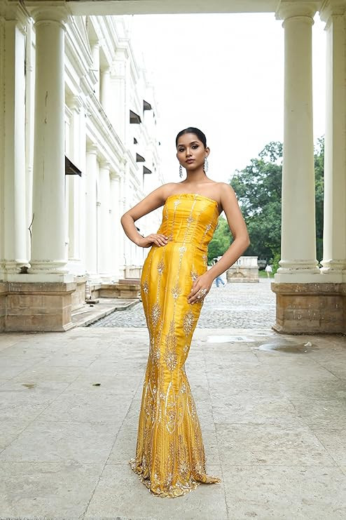 Women's Yellow Strapless Mermaid Gown