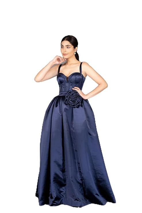 Stuning Navy Blue Satin Designer Gown-Inspired by Victorian Ball Gown