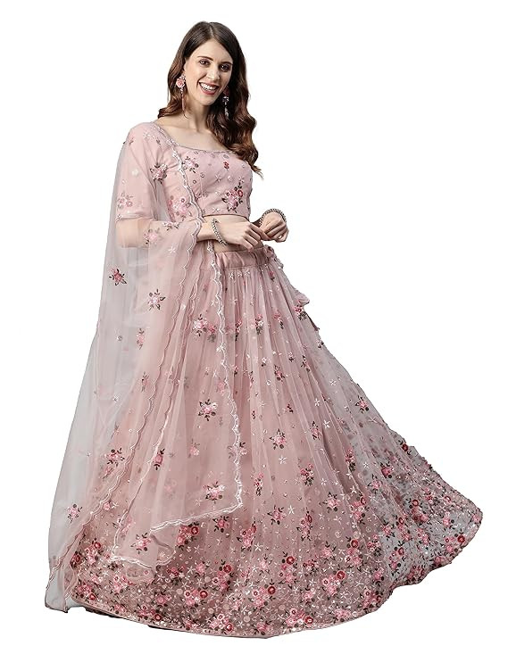 Women's Net Embroidered Semi-Stitched Lehenga Choli with Dupatta