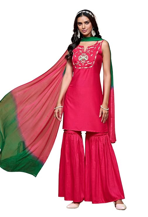 Women's Cotton Silk Embroidered Sleeveless Straight Kurta Sharara with Dupatta Set