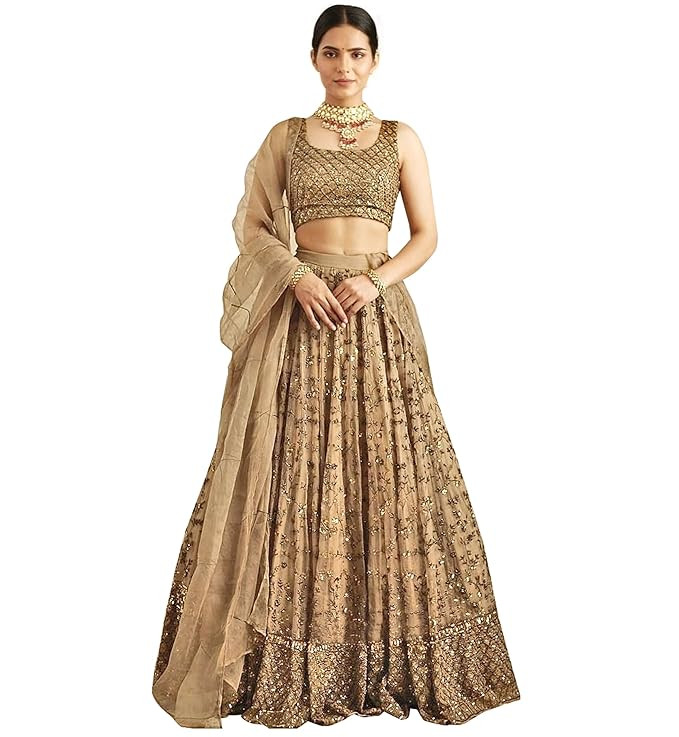 Women's Net Embroidery Sequence Work Lehenga Choli Unstitch Blouse with Dupatta