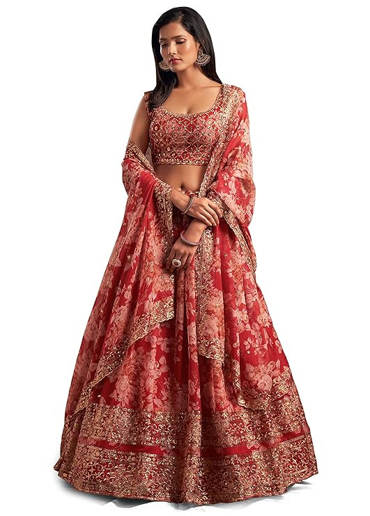 Women's Organza Floral White Semi-Stitched Lehenga Choli